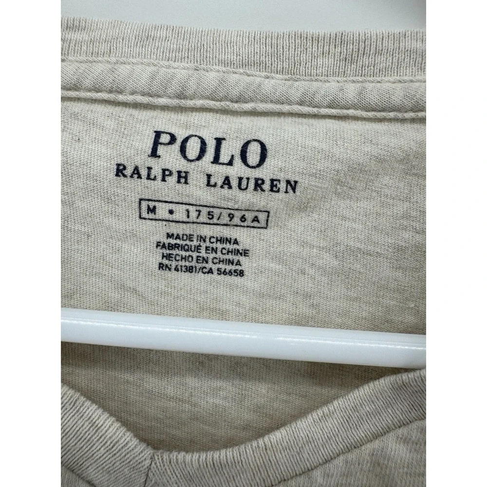 Polo Ralph Lauren Shirt Men M Beige V Neck Short Sleeve Preppy Pony Logo‎